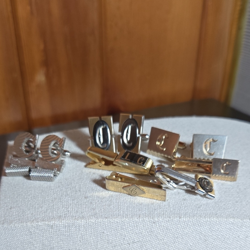 'C' Monogram Tie Clips & Cufflinks